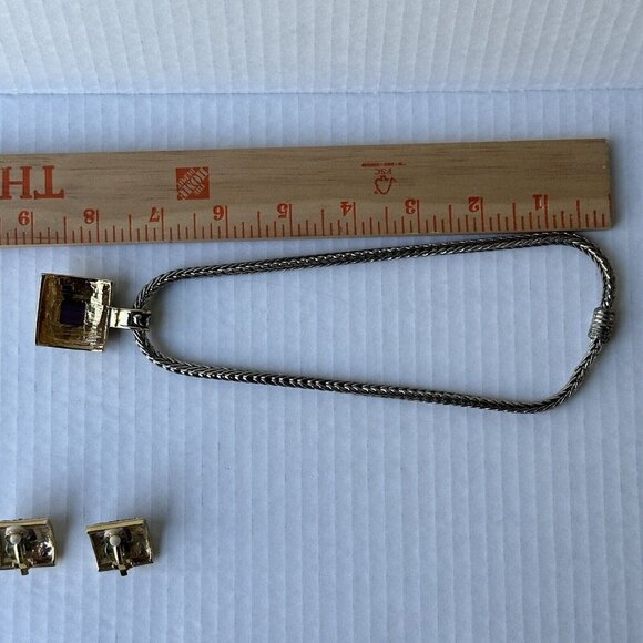 VTG Purple Optic Glass Silver Plated Pendant Necklace Matching Earrings 17"+ - Picture 6 of 9